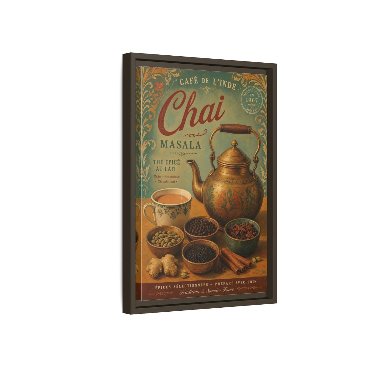 Side Mockup 5. Chai Masala Tea Kettle shown as framed canvas print