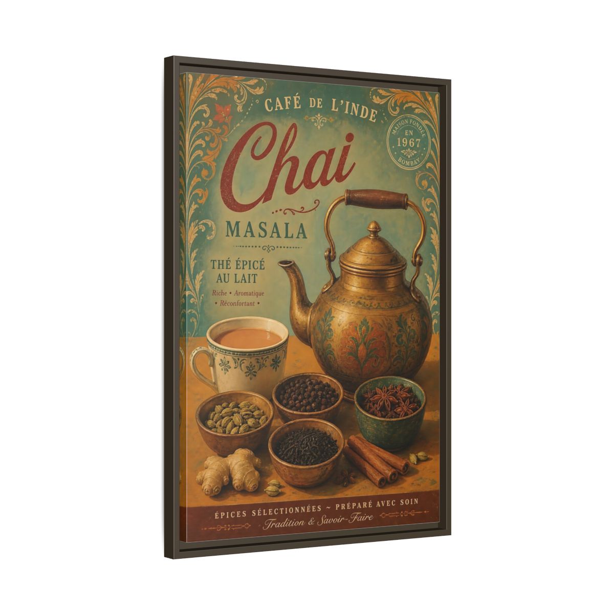 Side Mockup 11. Chai Masala Tea Kettle shown as framed canvas print