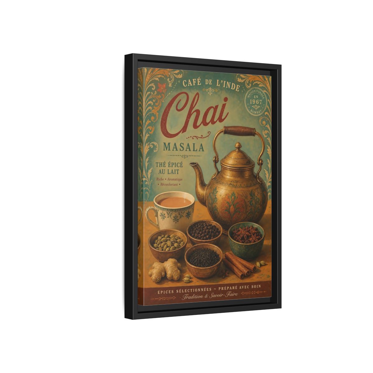 Side Mockup 6. Chai Masala Tea Kettle shown as framed canvas print