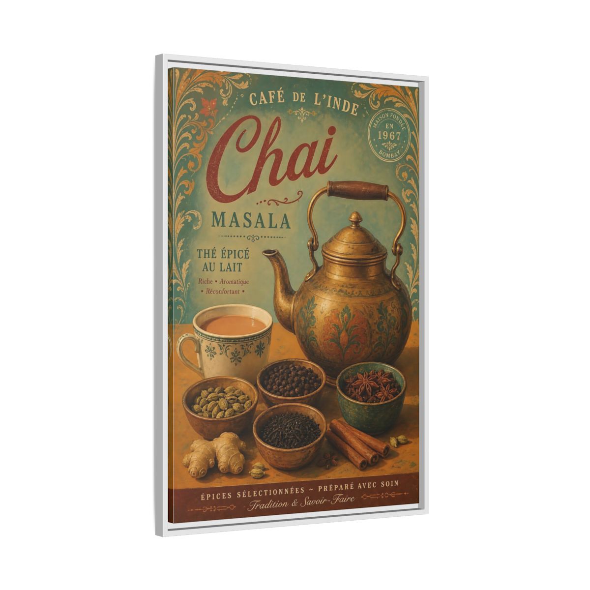 Side Mockup 9. Chai Masala Tea Kettle shown as framed canvas print