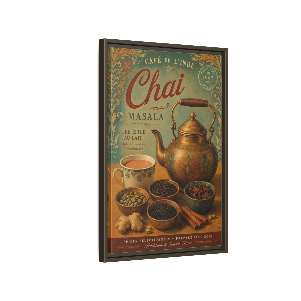 Side Mockup 2. Chai Masala Tea Kettle shown as framed canvas print