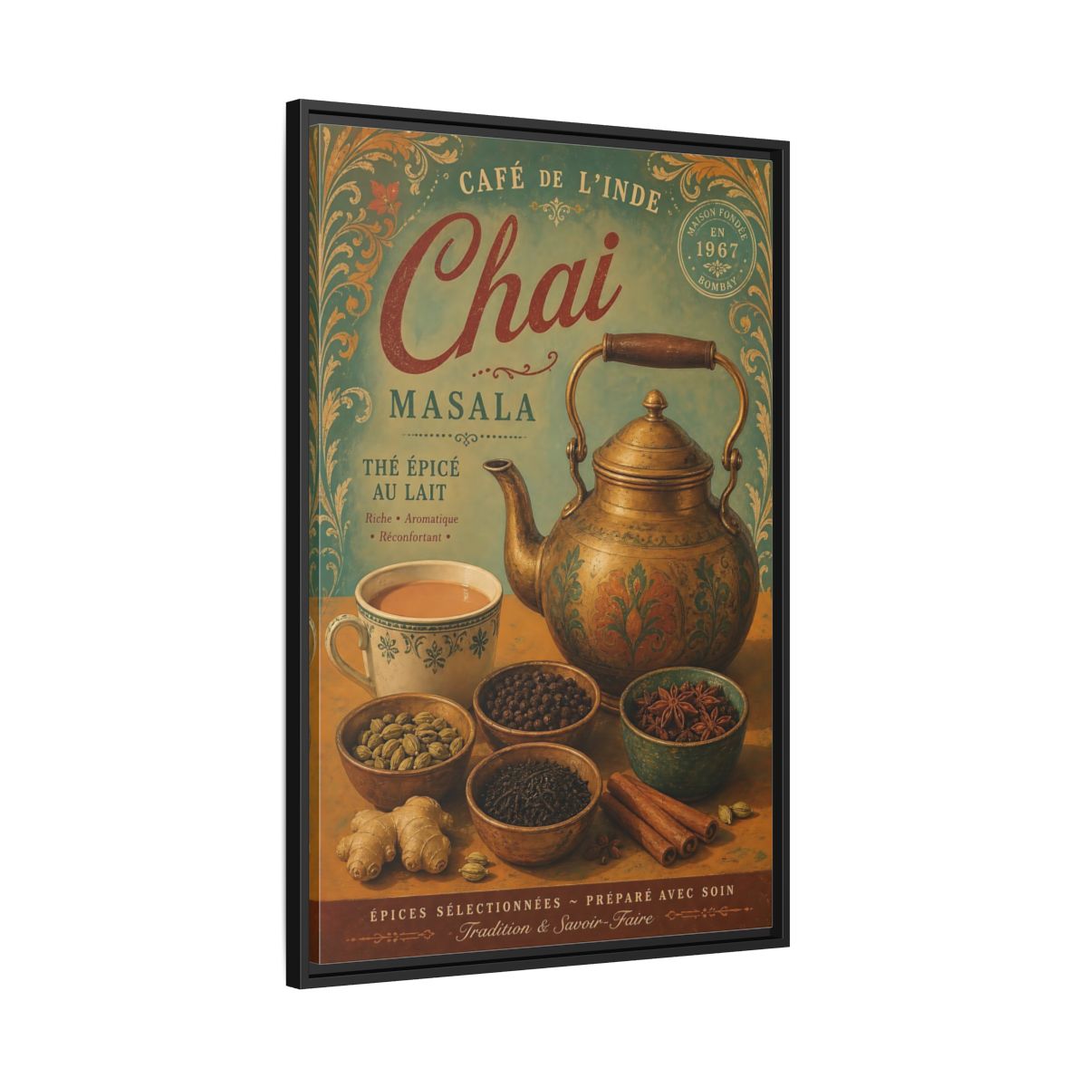 Side Mockup 13. Chai Masala Tea Kettle shown as framed canvas print