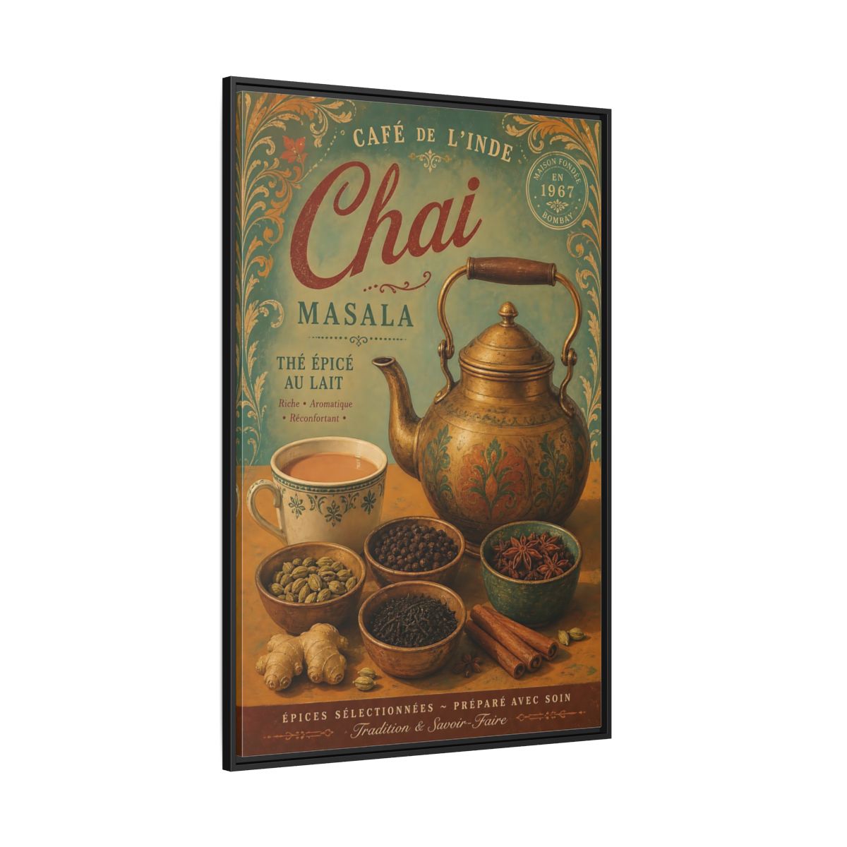 Side Mockup 12. Chai Masala Tea Kettle shown as framed canvas print