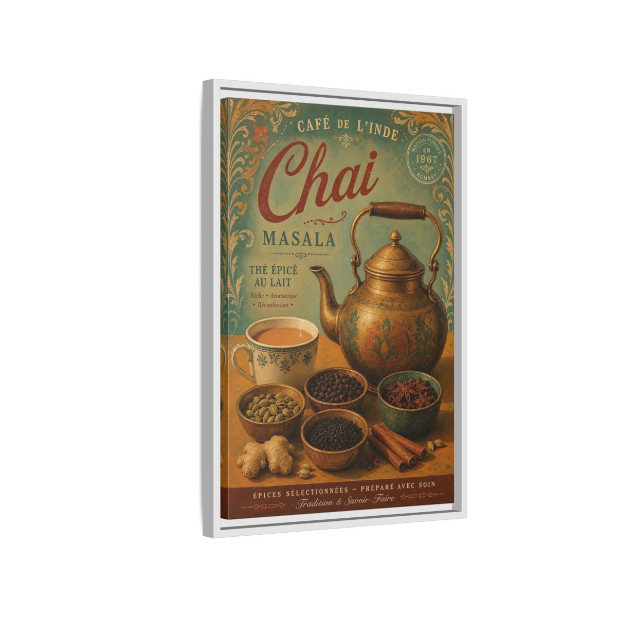 Side Mockup 1. Chai Masala Tea Kettle shown as framed canvas print
