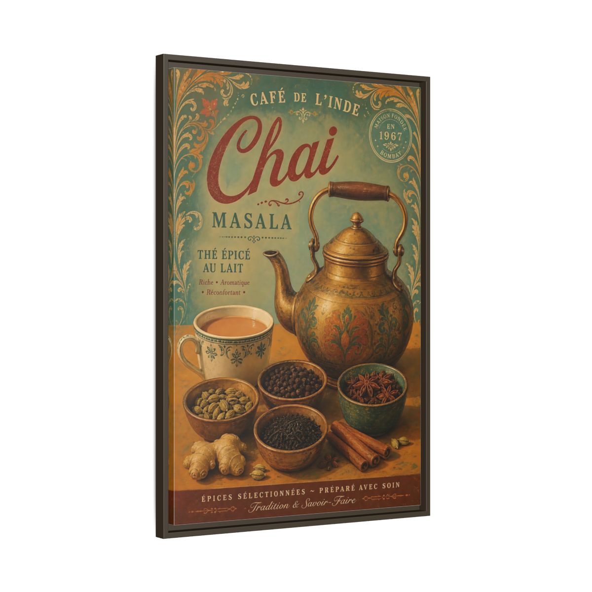 Main Mockup. Chai Masala Tea Kettle shown as framed canvas print