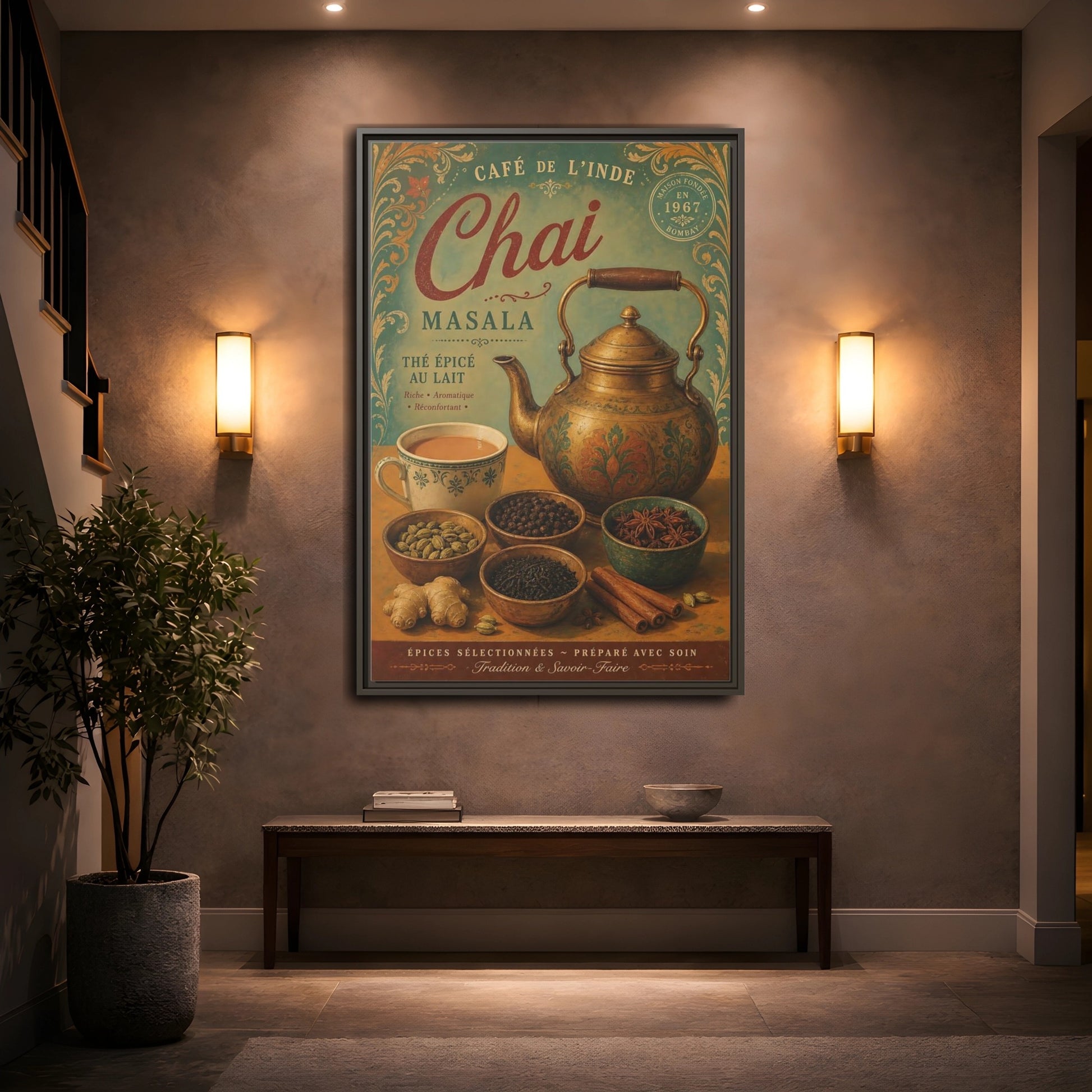 Mockup 2. Chai Masala Tea Kettle shown as framed canvas print