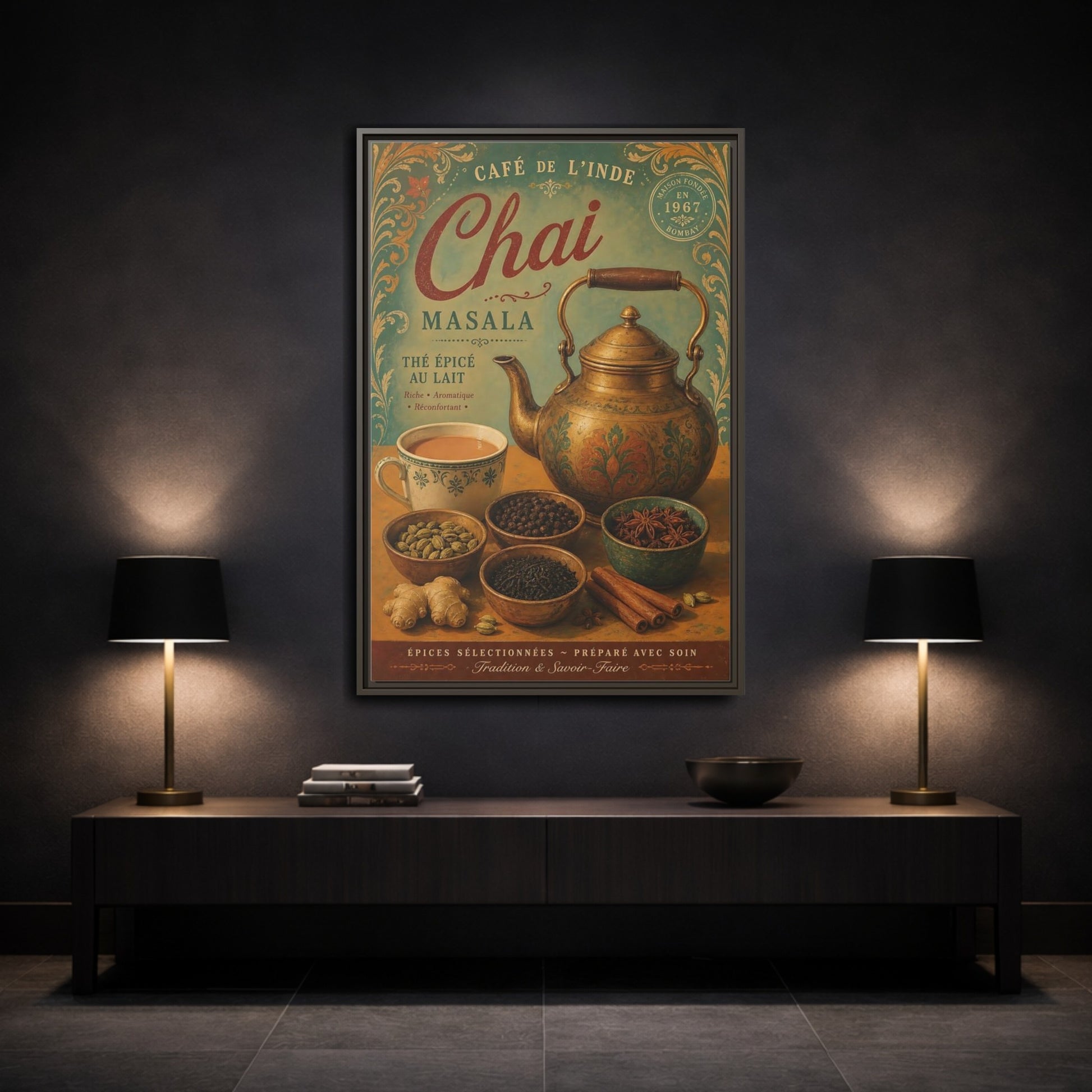Mockup 3. Chai Masala Tea Kettle shown as framed canvas print
