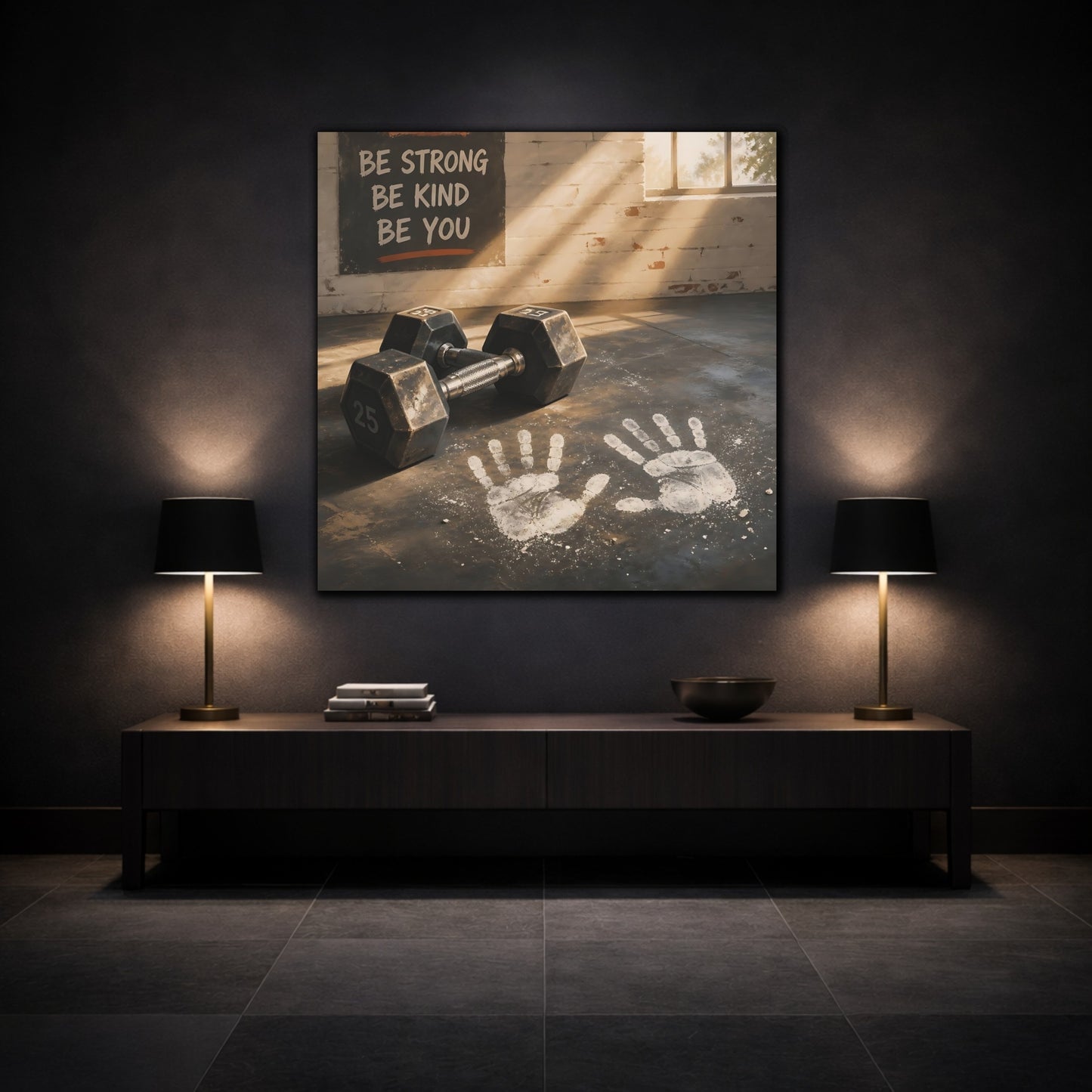 Mockup 3. Chalk Handprints & Dumbbells shown as canvas print
