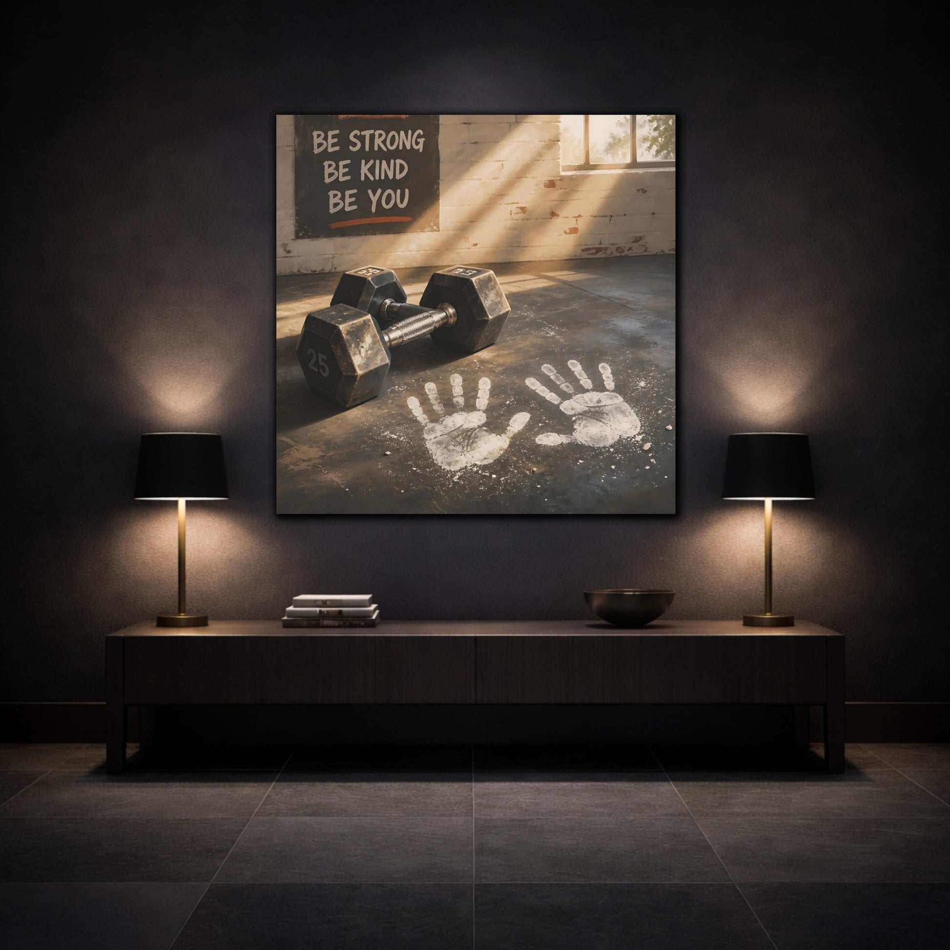 Mockup 3. Chalk Handprints & Dumbbells shown as canvas print