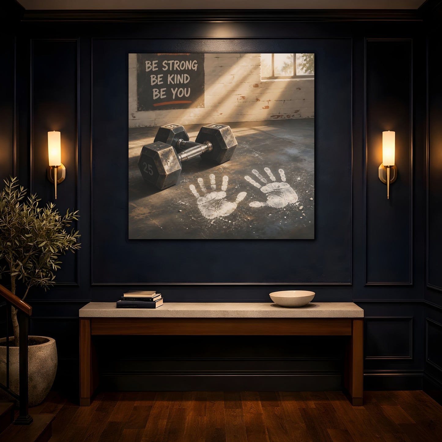 Mockup 4. Chalk Handprints & Dumbbells shown as canvas print