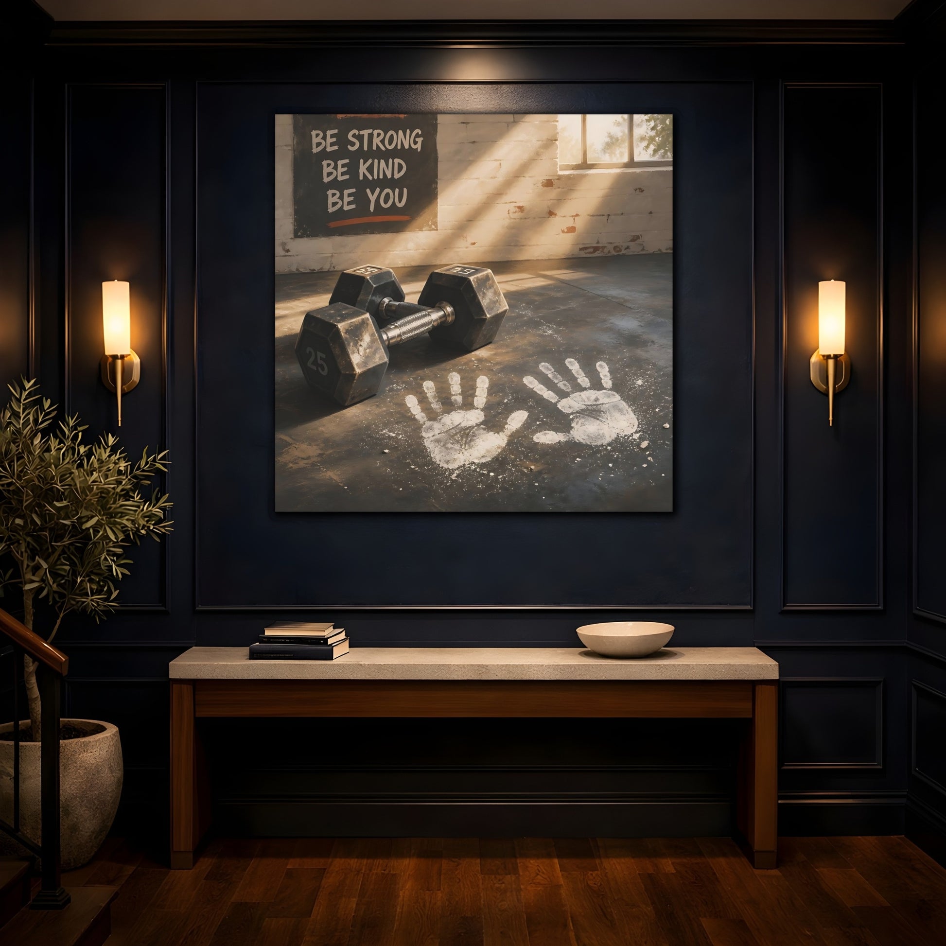 Mockup 4. Chalk Handprints & Dumbbells shown as canvas print