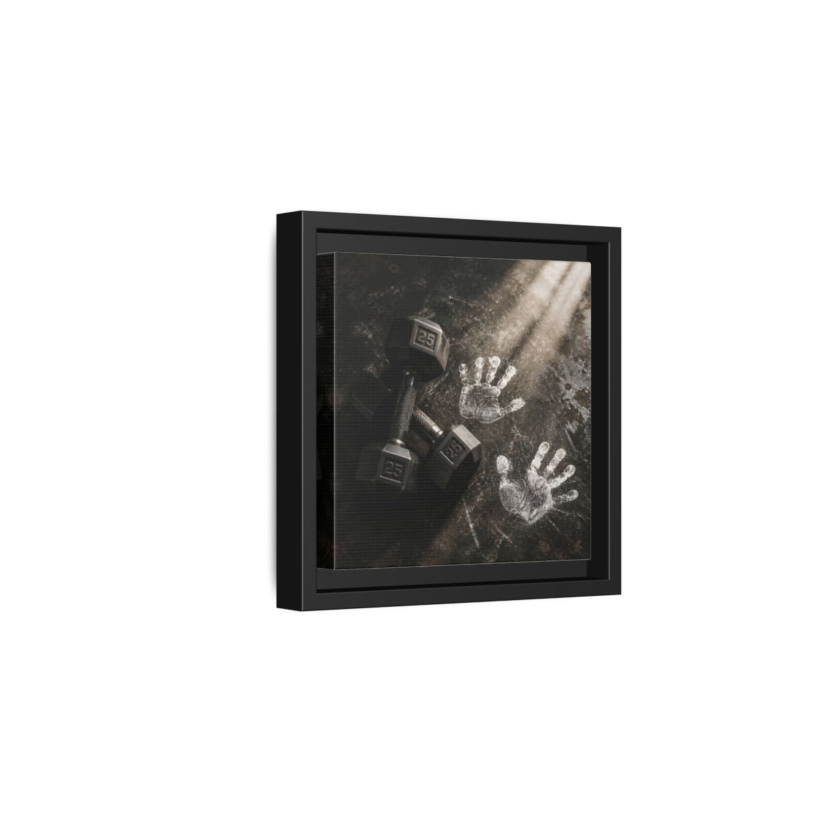 Side Mockup 3. Chalk Handprints And Dumbbells shown as framed canvas print