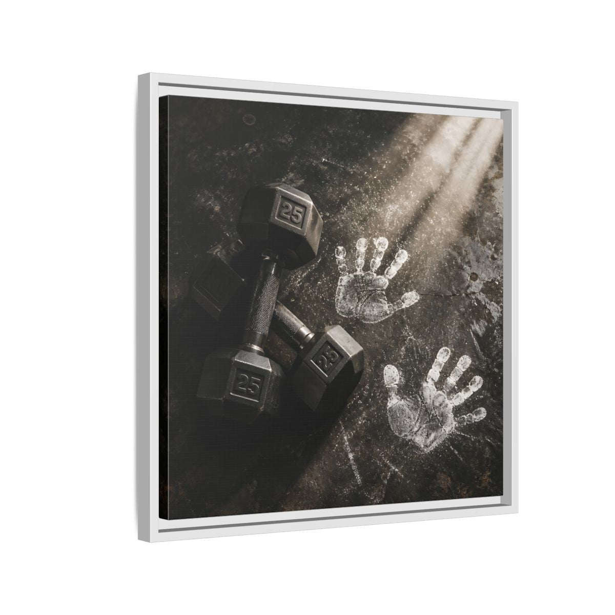 Side Mockup 10. Chalk Handprints And Dumbbells shown as framed canvas print