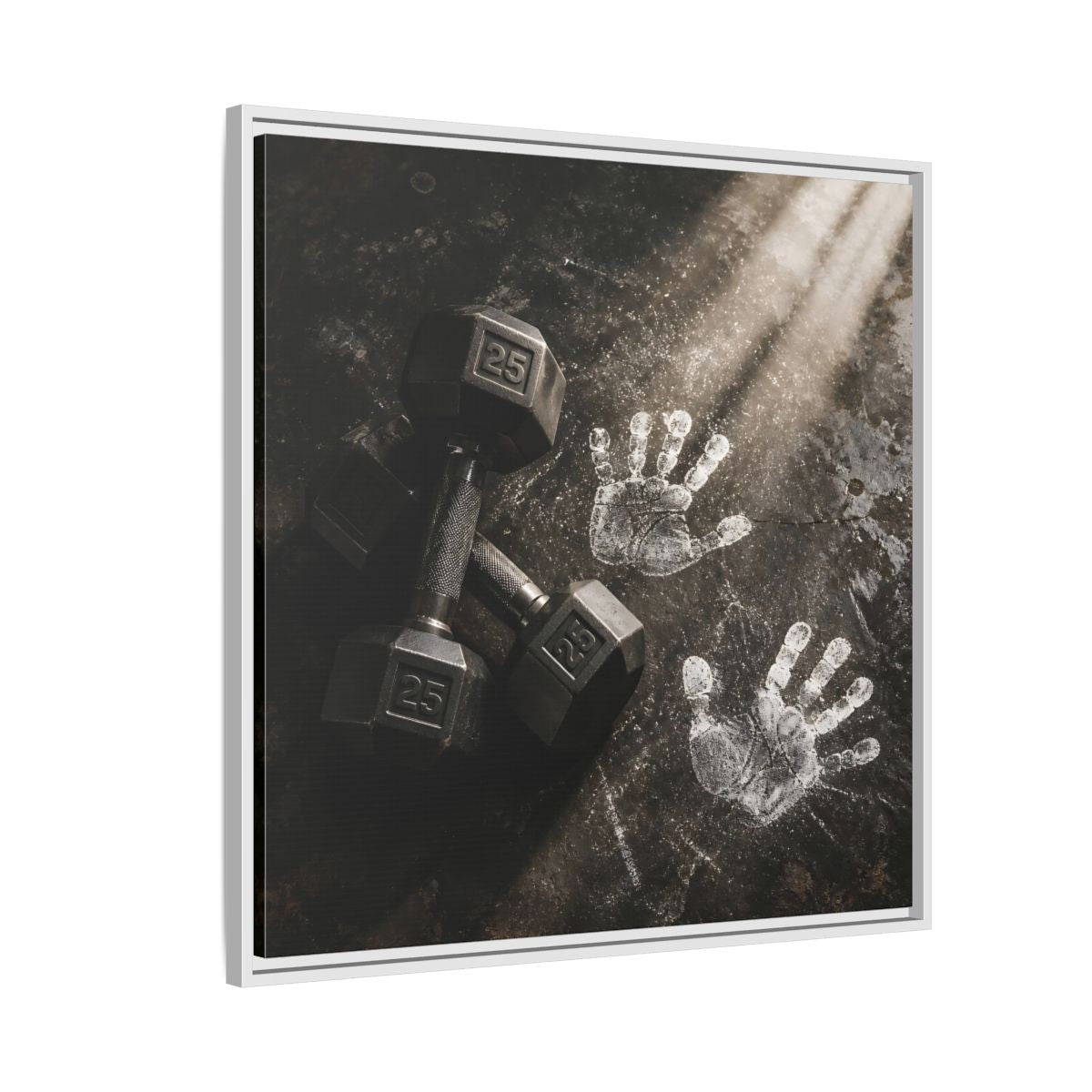 Side Mockup 7. Chalk Handprints And Dumbbells shown as framed canvas print
