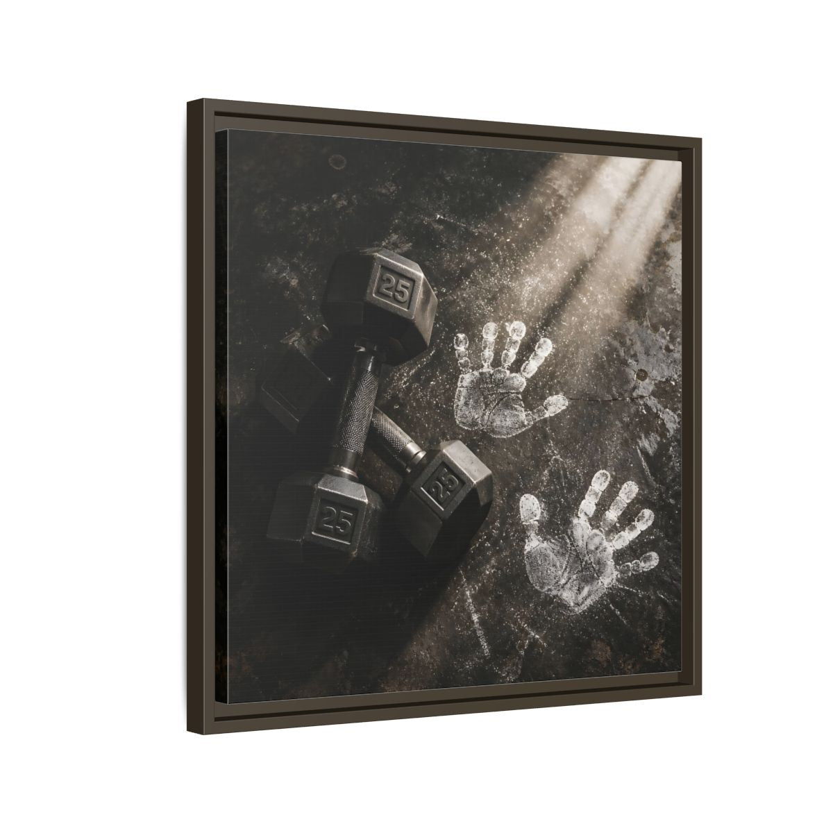 Side Mockup 11. Chalk Handprints And Dumbbells shown as framed canvas print