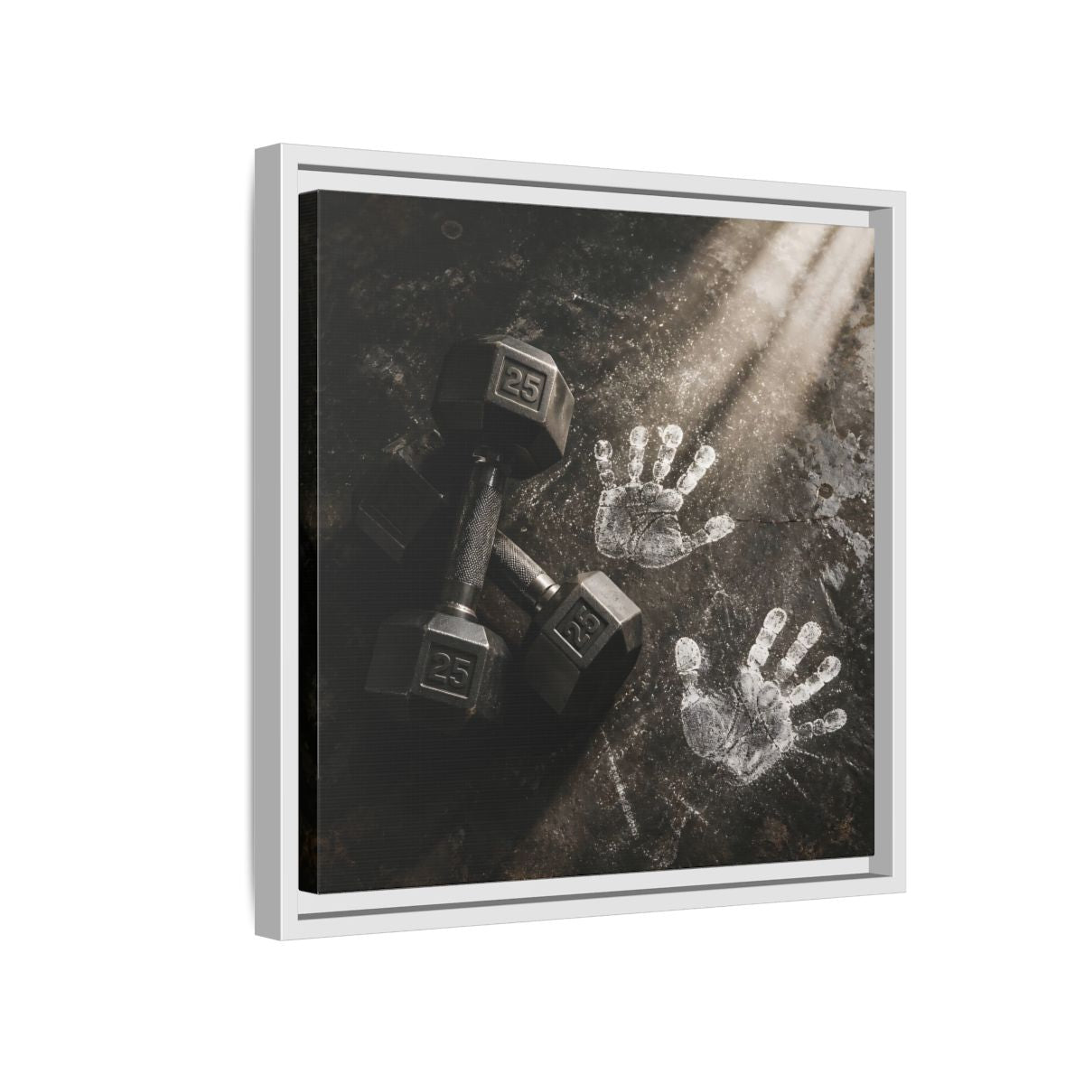Side Mockup 13. Chalk Handprints And Dumbbells shown as framed canvas print
