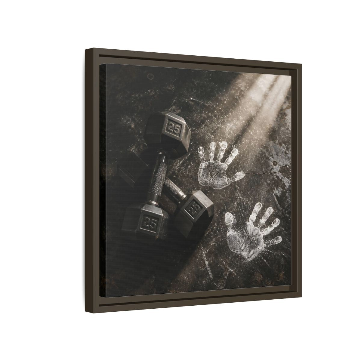 Side Mockup 14. Chalk Handprints And Dumbbells shown as framed canvas print