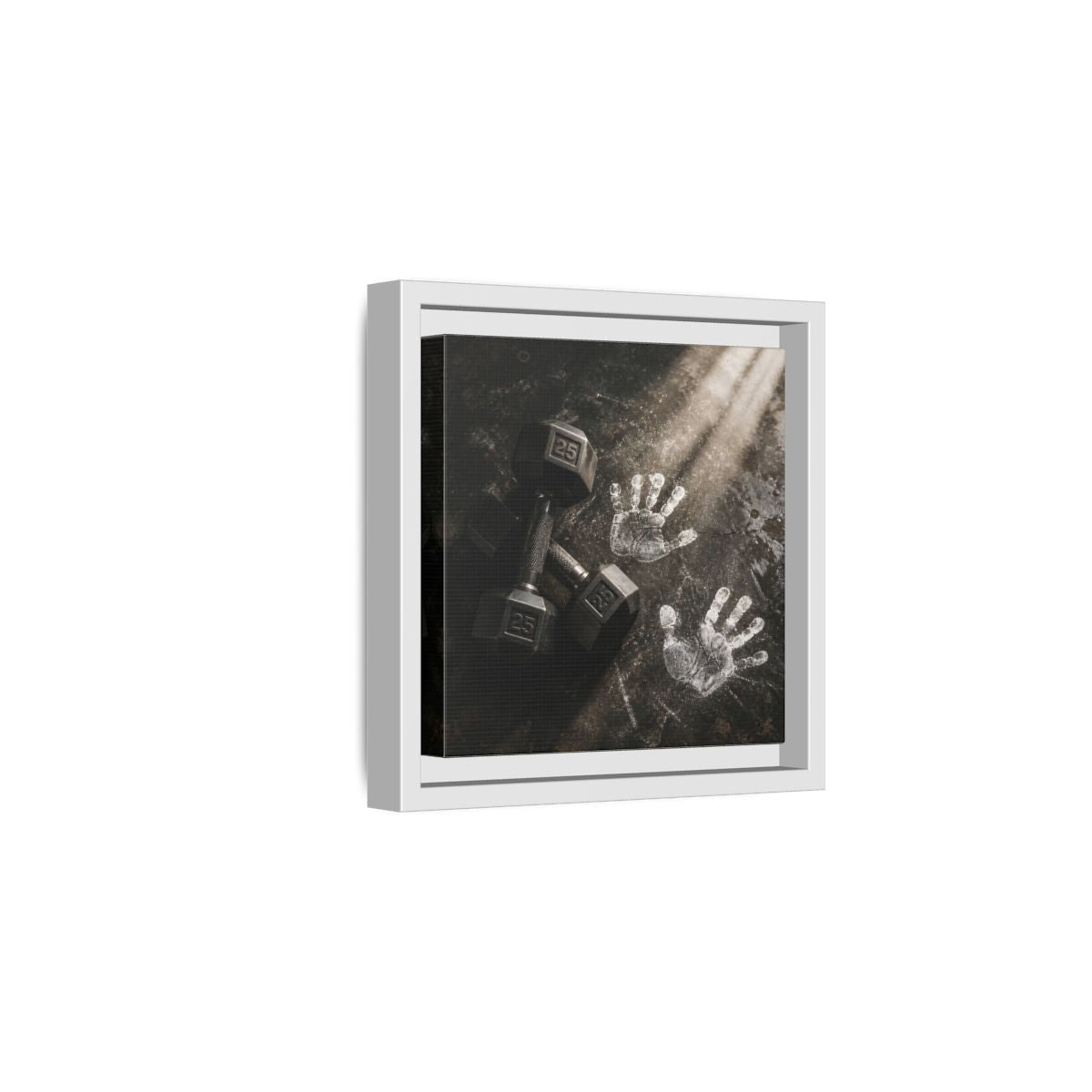Side Mockup 1. Chalk Handprints And Dumbbells shown as framed canvas print