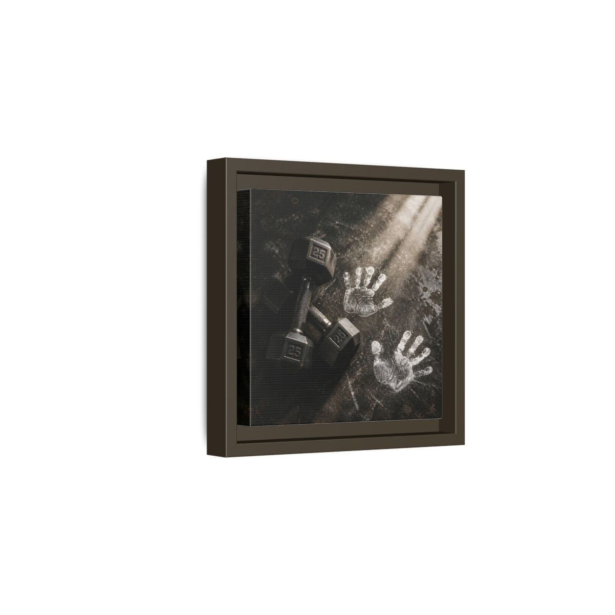 Side Mockup 2. Chalk Handprints And Dumbbells shown as framed canvas print