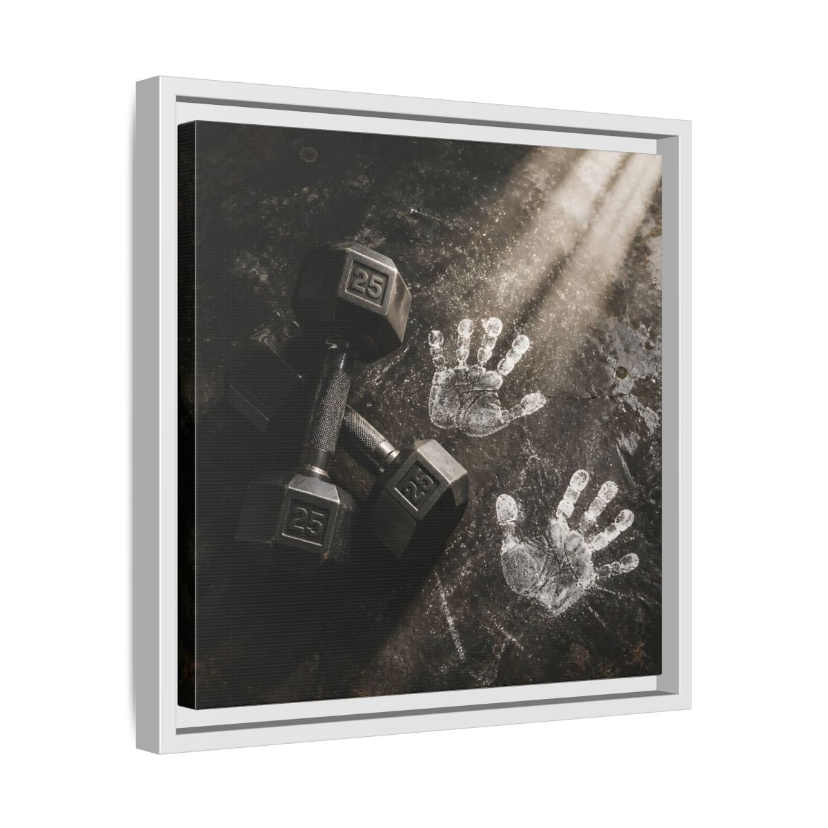 Side Mockup 28. Chalk Handprints And Dumbbells shown as framed canvas print