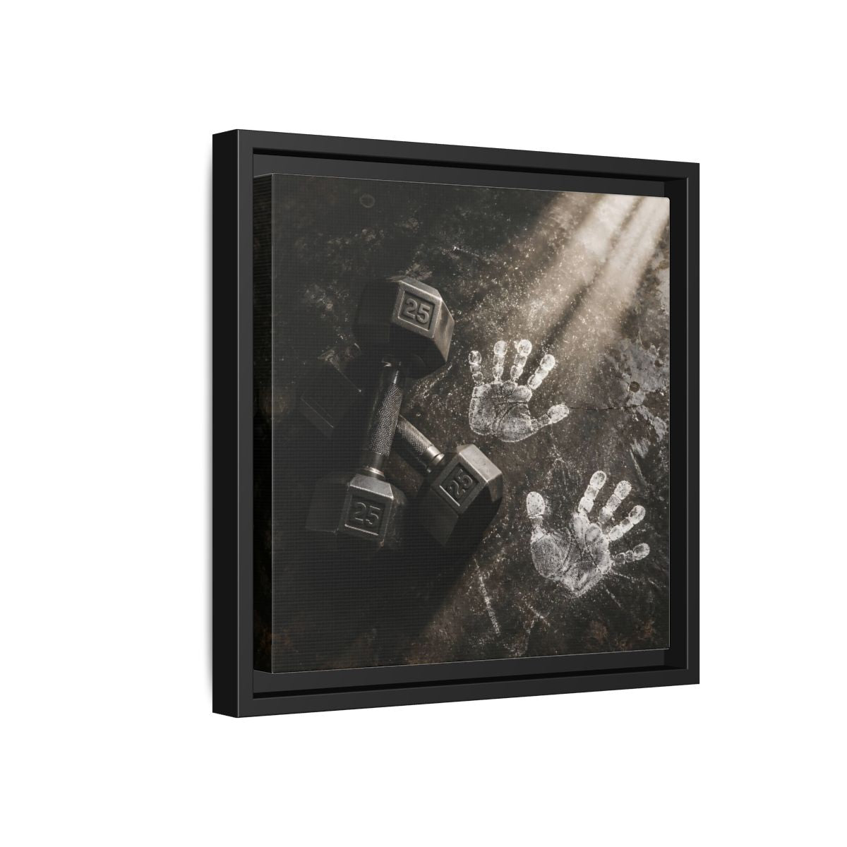 Side Mockup 18. Chalk Handprints And Dumbbells shown as framed canvas print