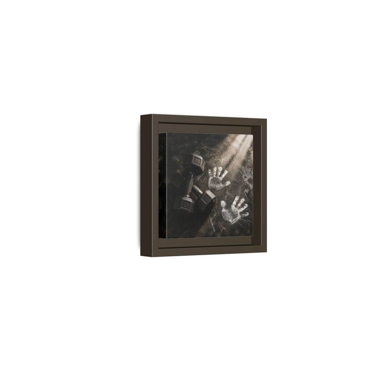 Side Mockup 23. Chalk Handprints And Dumbbells shown as framed canvas print