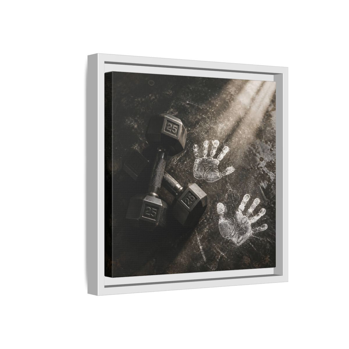 Side Mockup 16. Chalk Handprints And Dumbbells shown as framed canvas print