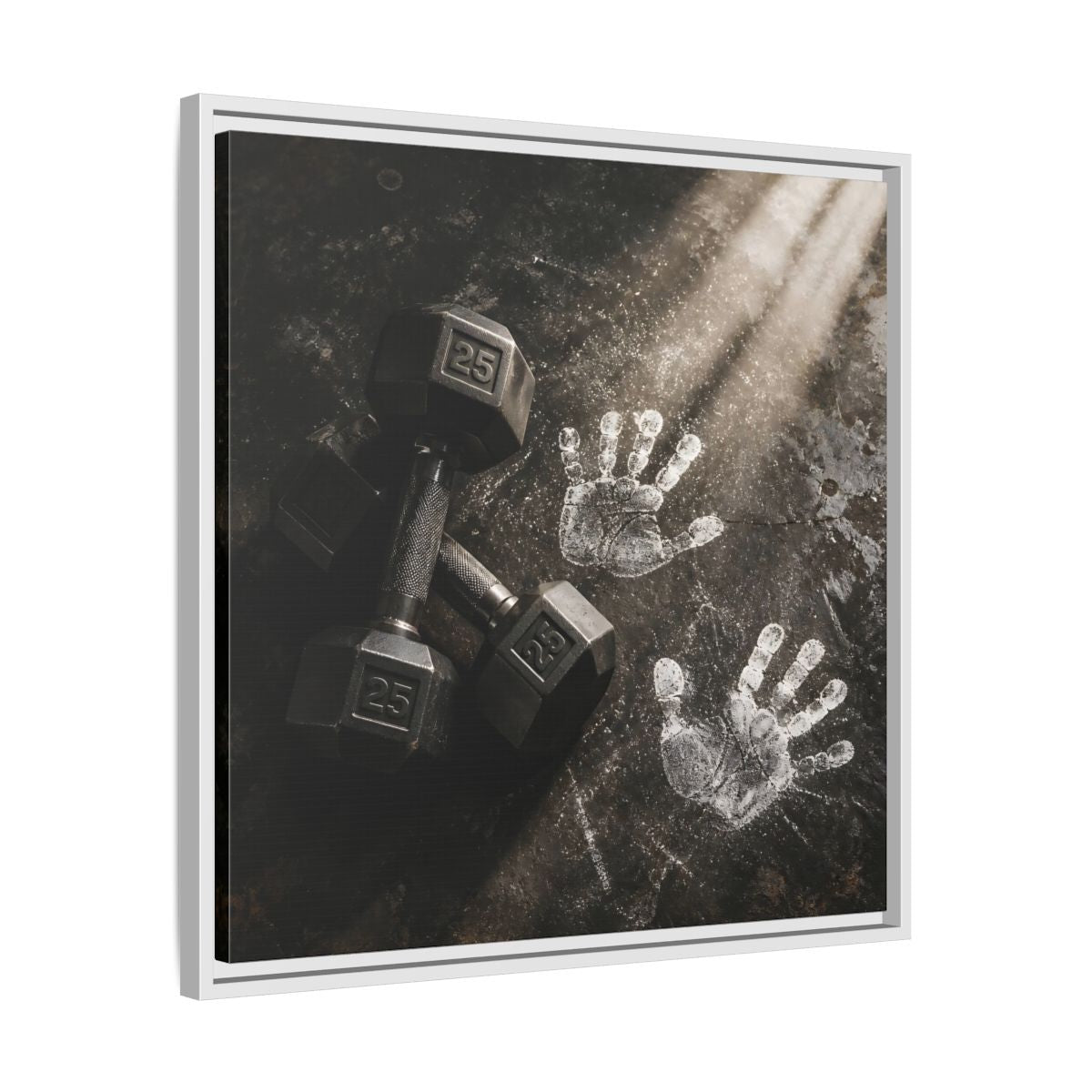 Side Mockup 26. Chalk Handprints And Dumbbells shown as framed canvas print