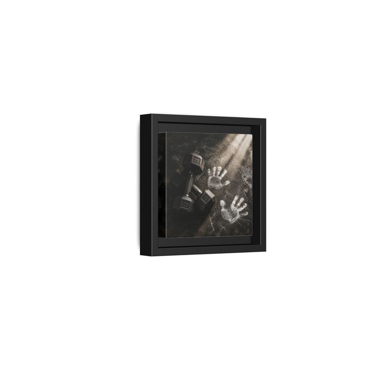 Side Mockup 24. Chalk Handprints And Dumbbells shown as framed canvas print