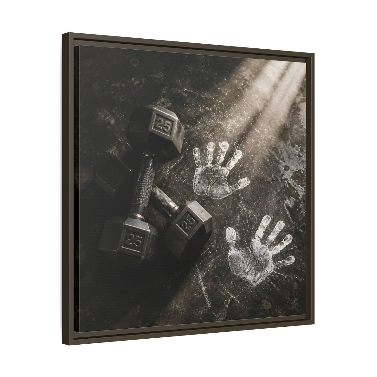 Side Mockup 27. Chalk Handprints And Dumbbells shown as framed canvas print