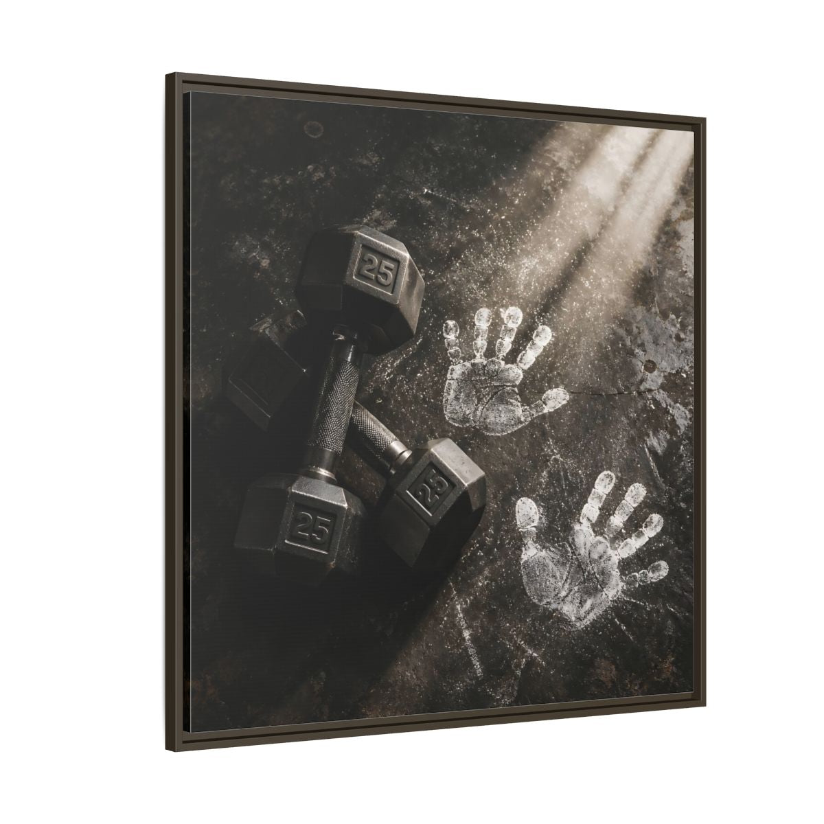 Side Mockup 5. Chalk Handprints And Dumbbells shown as framed canvas print