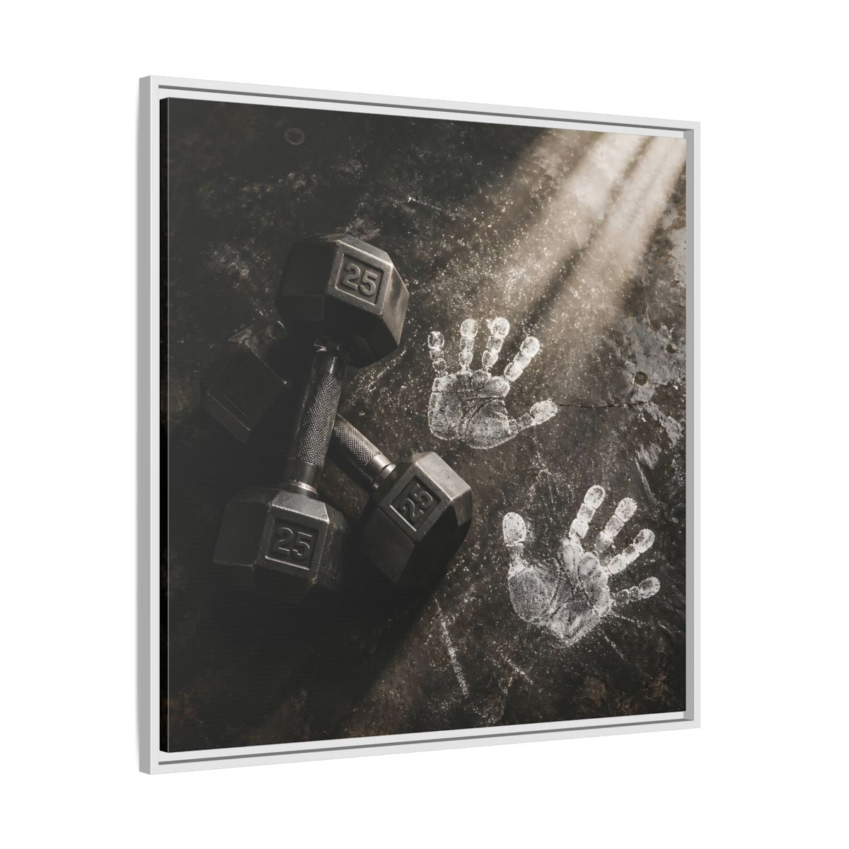 Side Mockup 25. Chalk Handprints And Dumbbells shown as framed canvas print