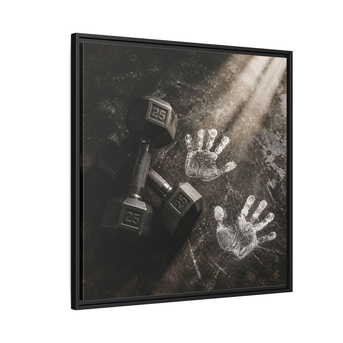 Side Mockup 9. Chalk Handprints And Dumbbells shown as framed canvas print