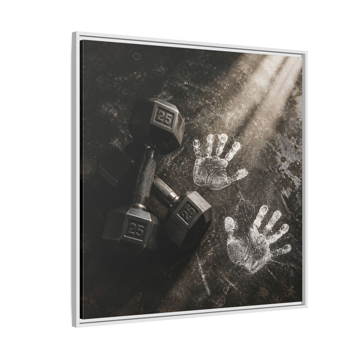 Side Mockup 4. Chalk Handprints And Dumbbells shown as framed canvas print