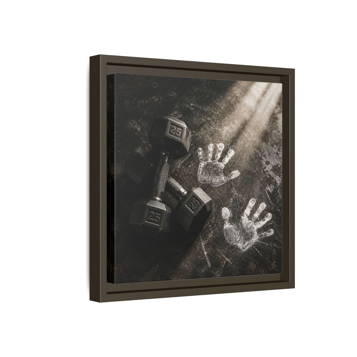 Side Mockup 17. Chalk Handprints And Dumbbells shown as framed canvas print