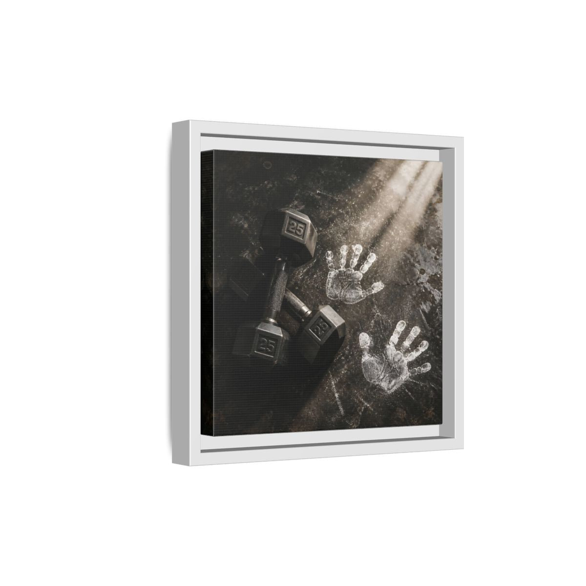 Side Mockup 19. Chalk Handprints And Dumbbells shown as framed canvas print