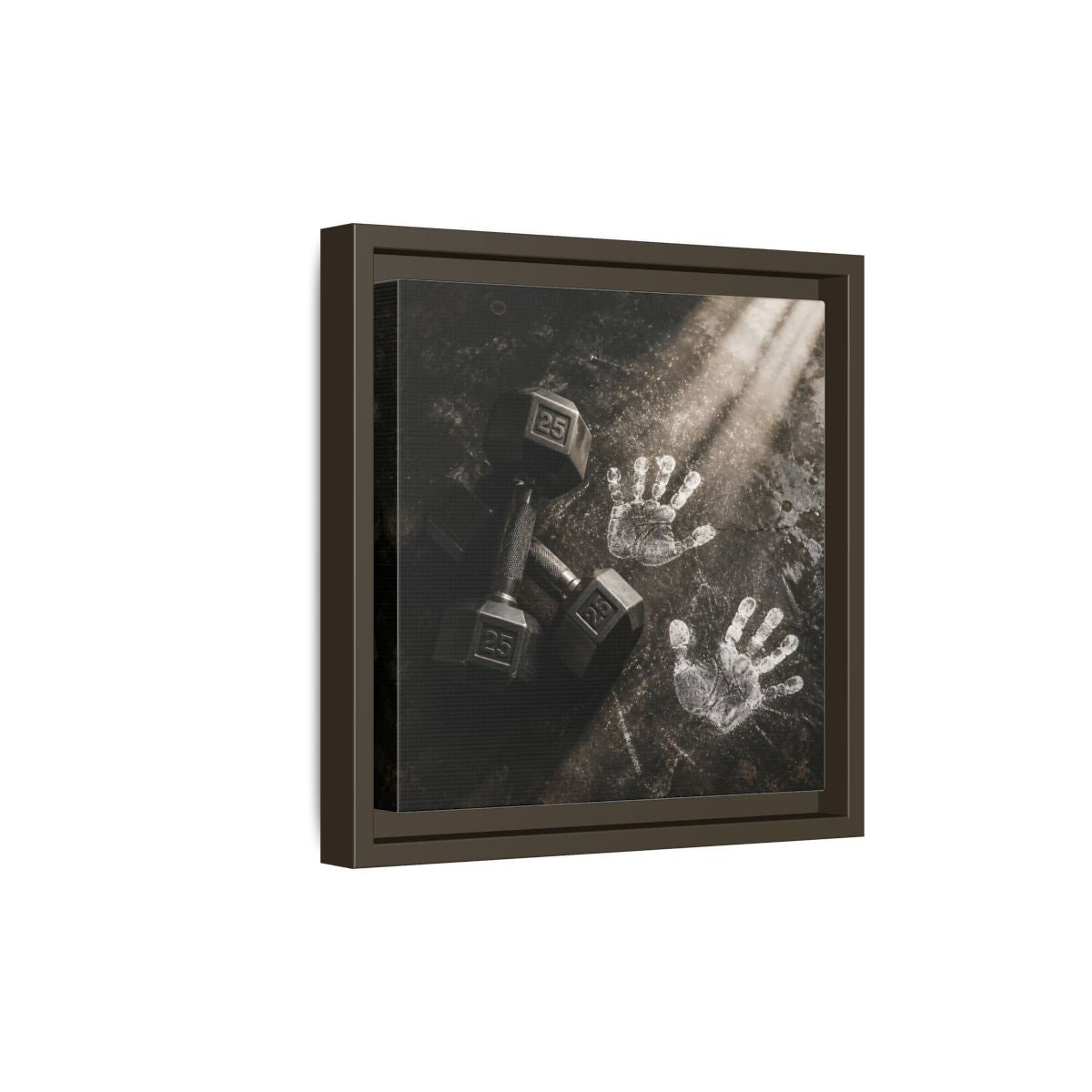 Side Mockup 20. Chalk Handprints And Dumbbells shown as framed canvas print