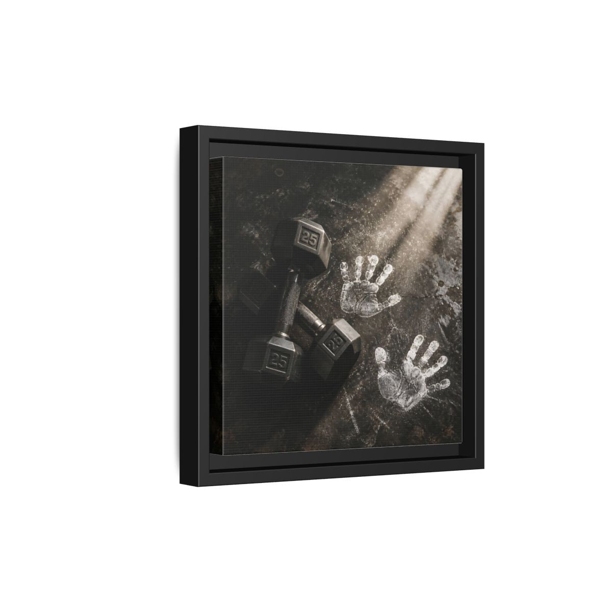 Side Mockup 21. Chalk Handprints And Dumbbells shown as framed canvas print