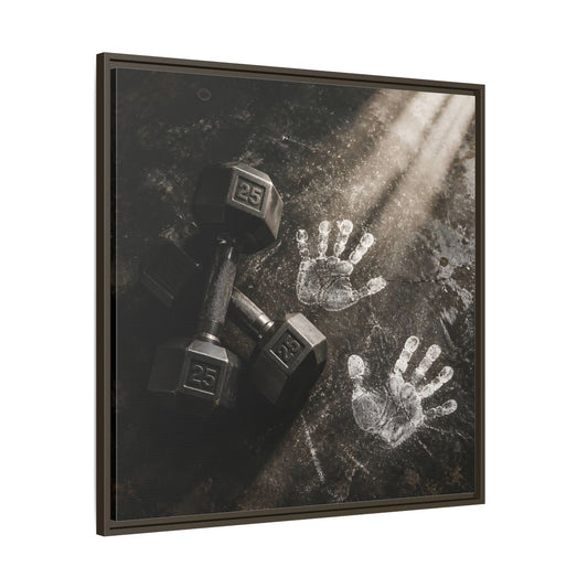 Main Mockup. Chalk Handprints And Dumbbells shown as framed canvas print