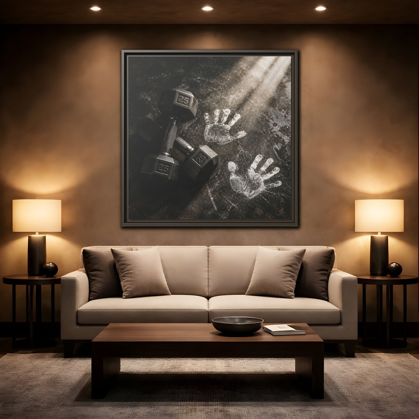 Mockup 2. Chalk Handprints And Dumbbells shown as framed canvas print