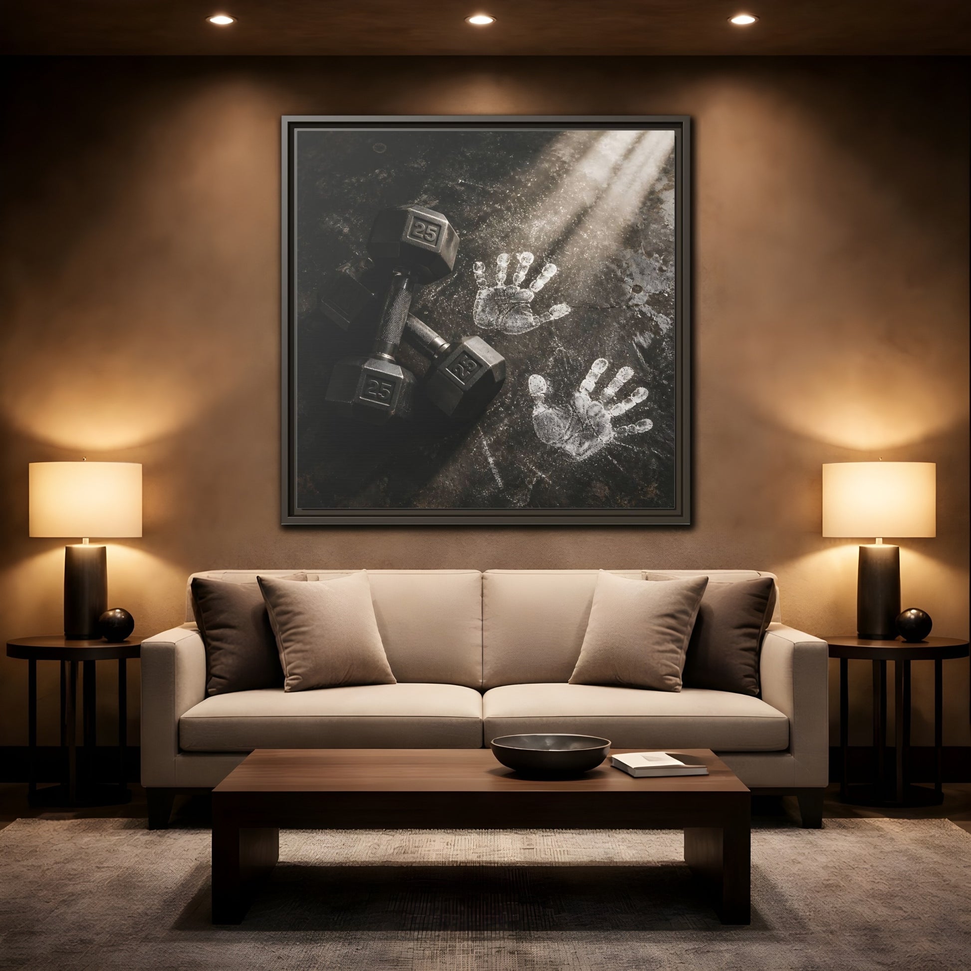 Mockup 2. Chalk Handprints And Dumbbells shown as framed canvas print