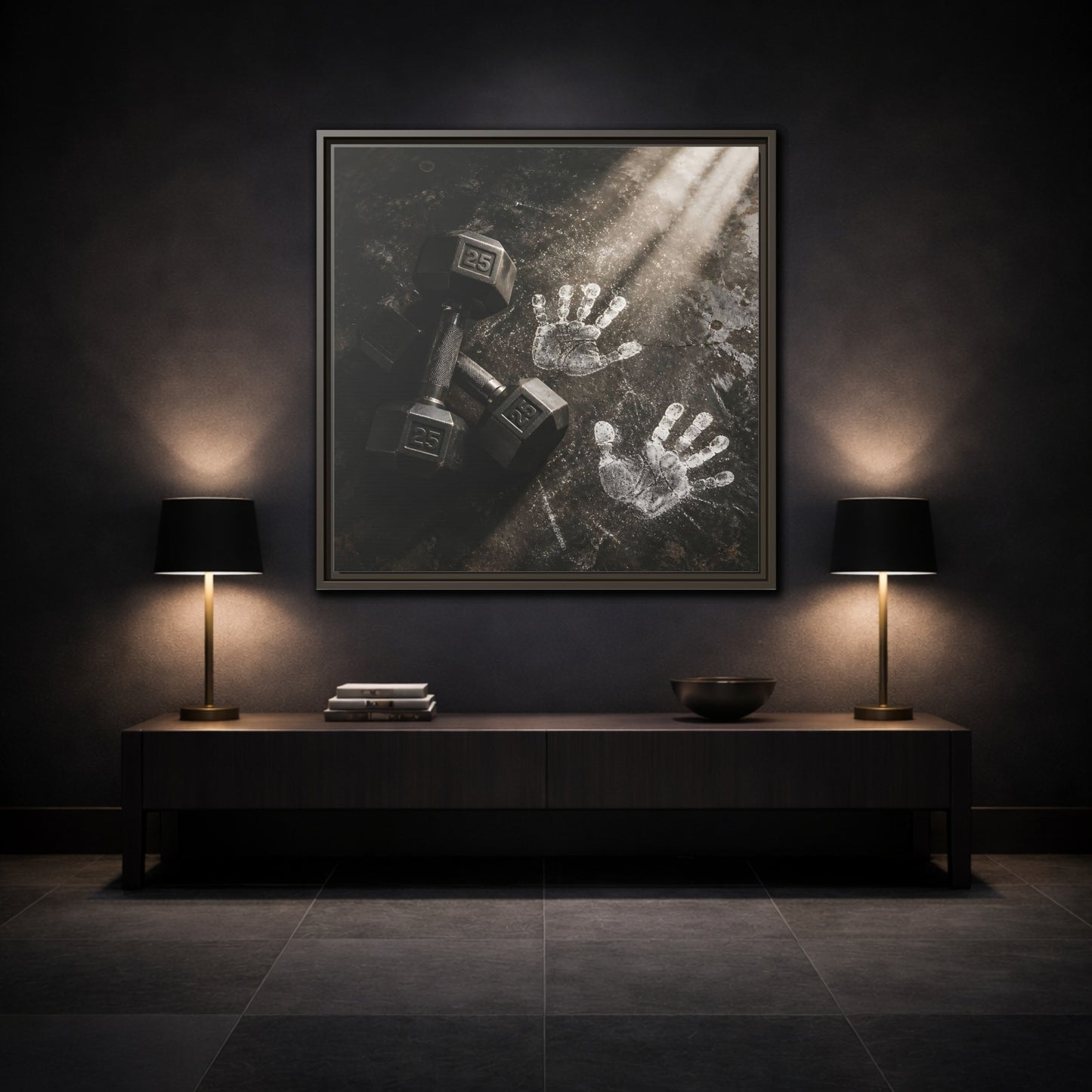 Mockup 3. Chalk Handprints And Dumbbells shown as framed canvas print