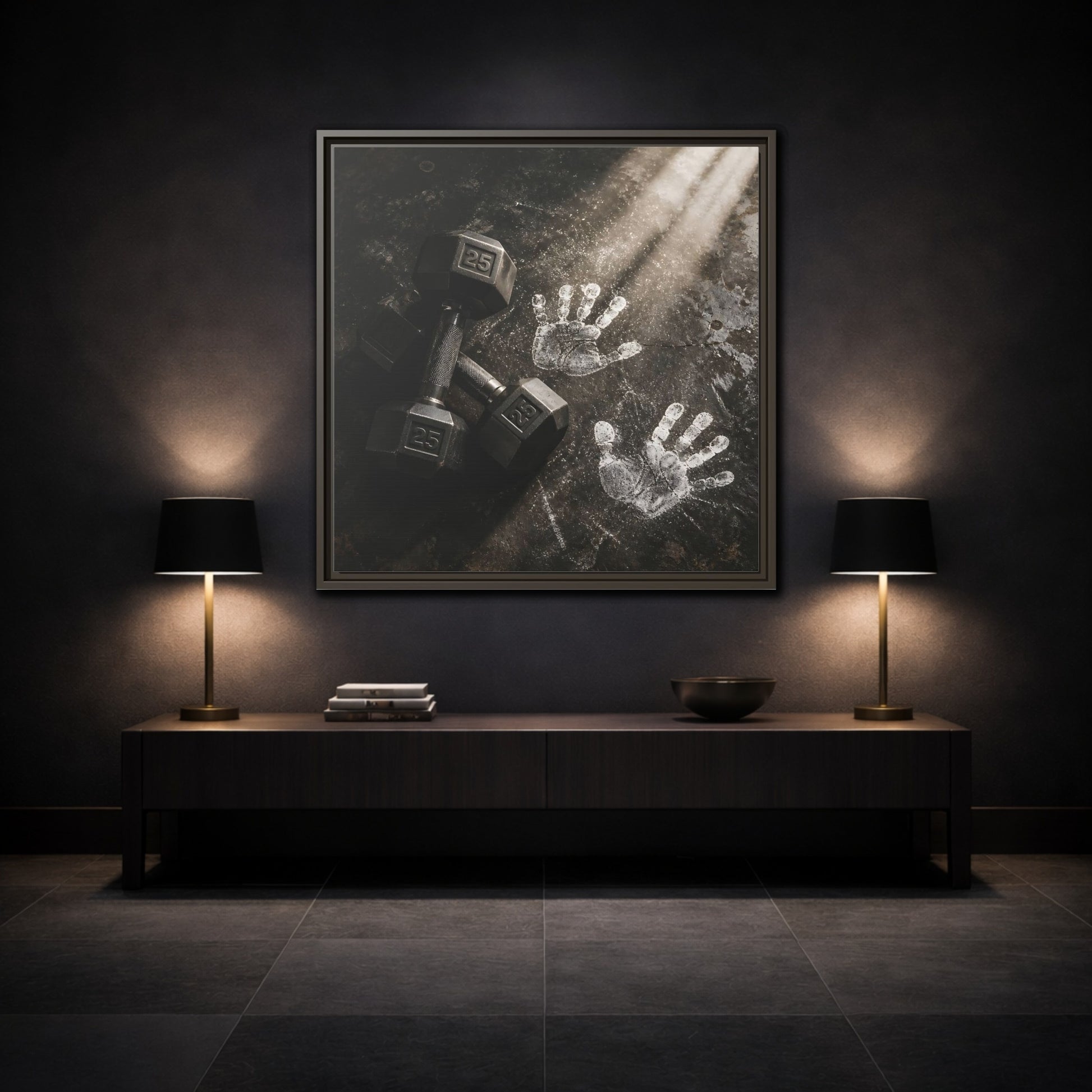 Mockup 3. Chalk Handprints And Dumbbells shown as framed canvas print