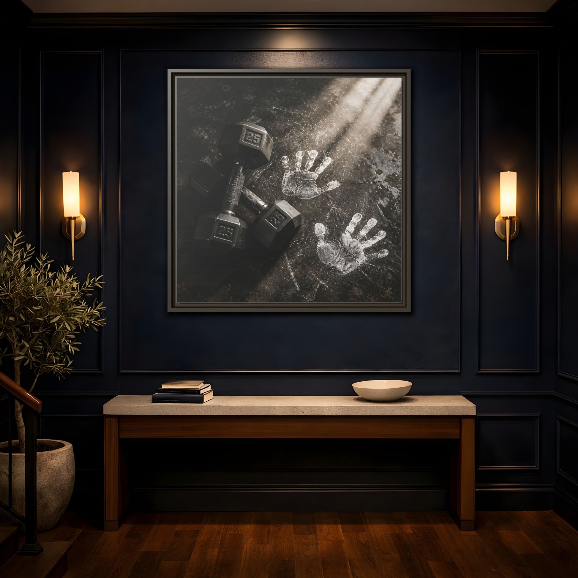 Mockup 4. Chalk Handprints And Dumbbells shown as framed canvas print