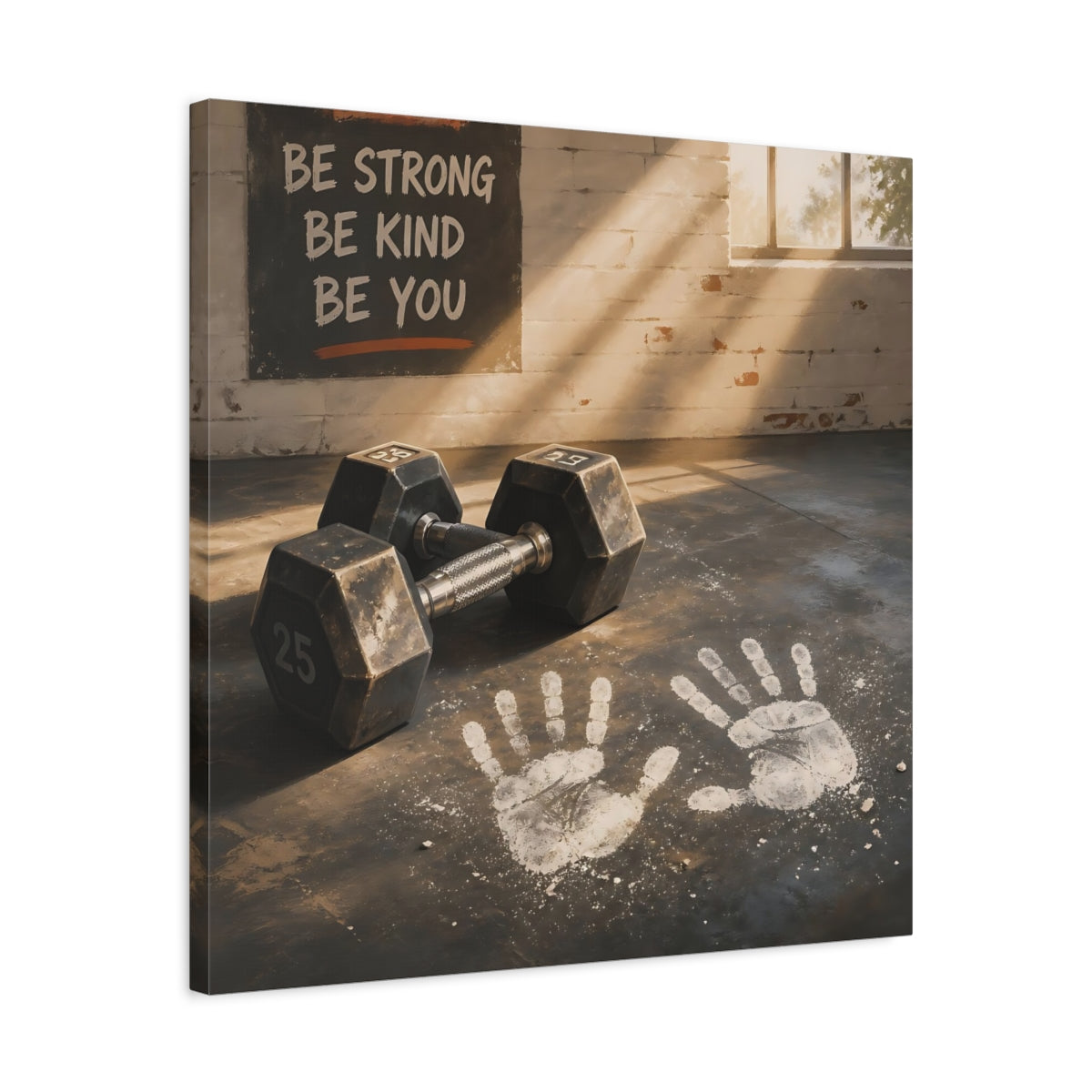 Side Mockup 4. Chalk Handprints & Dumbbells shown as canvas print