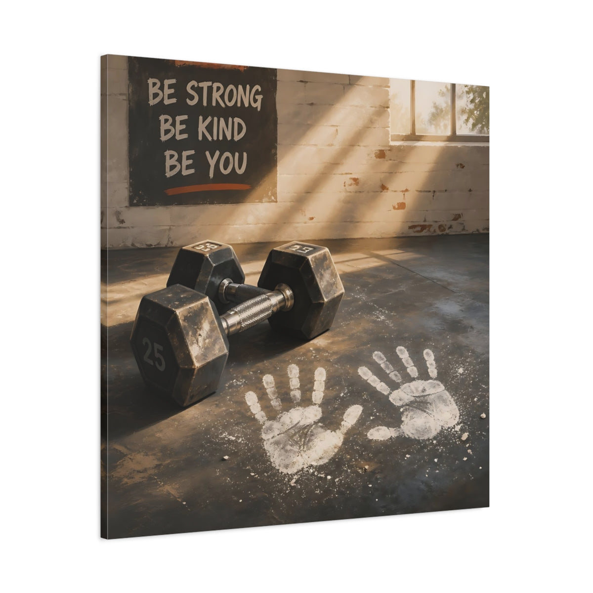 Side Mockup 1. Chalk Handprints & Dumbbells shown as canvas print
