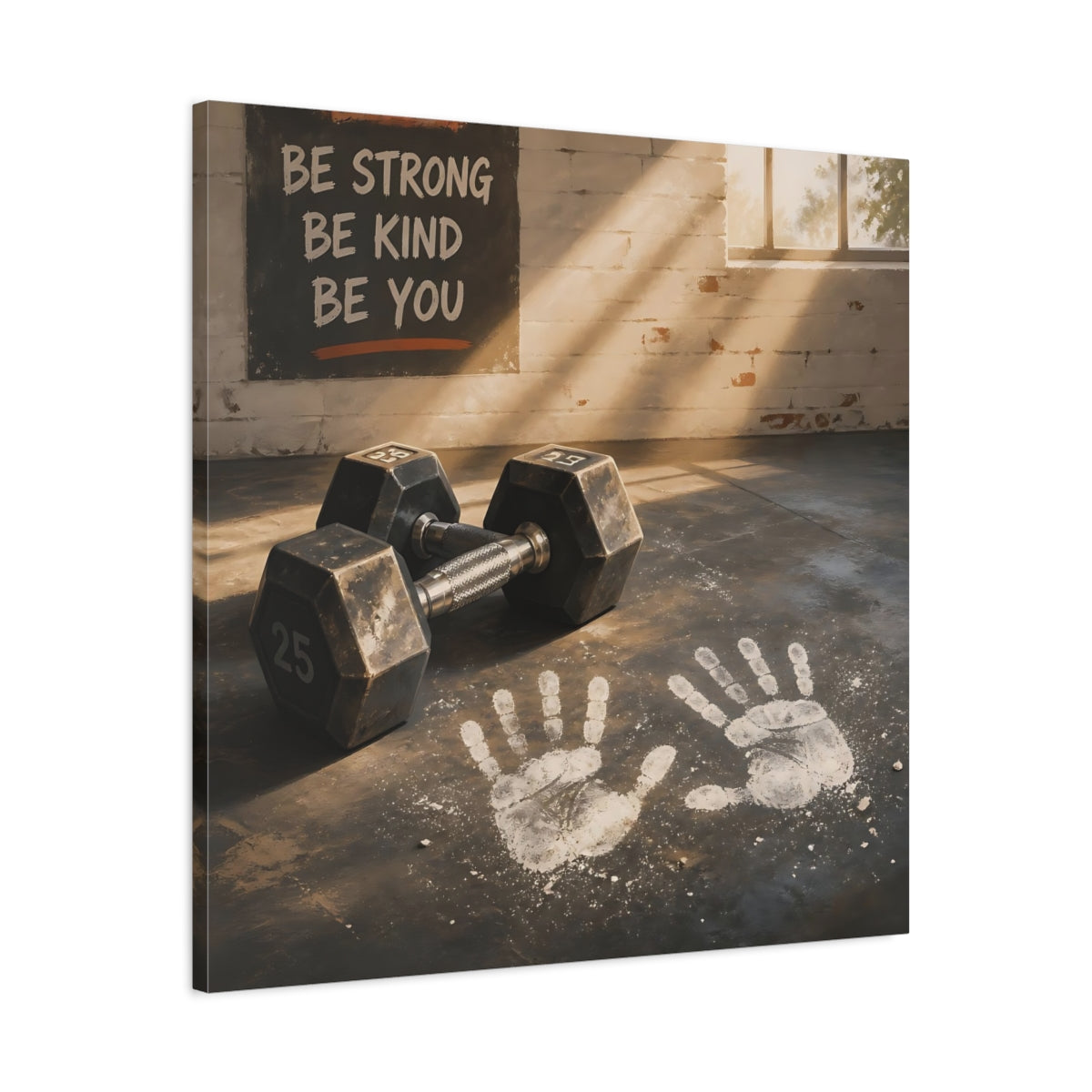 Side Mockup 3. Chalk Handprints & Dumbbells shown as canvas print
