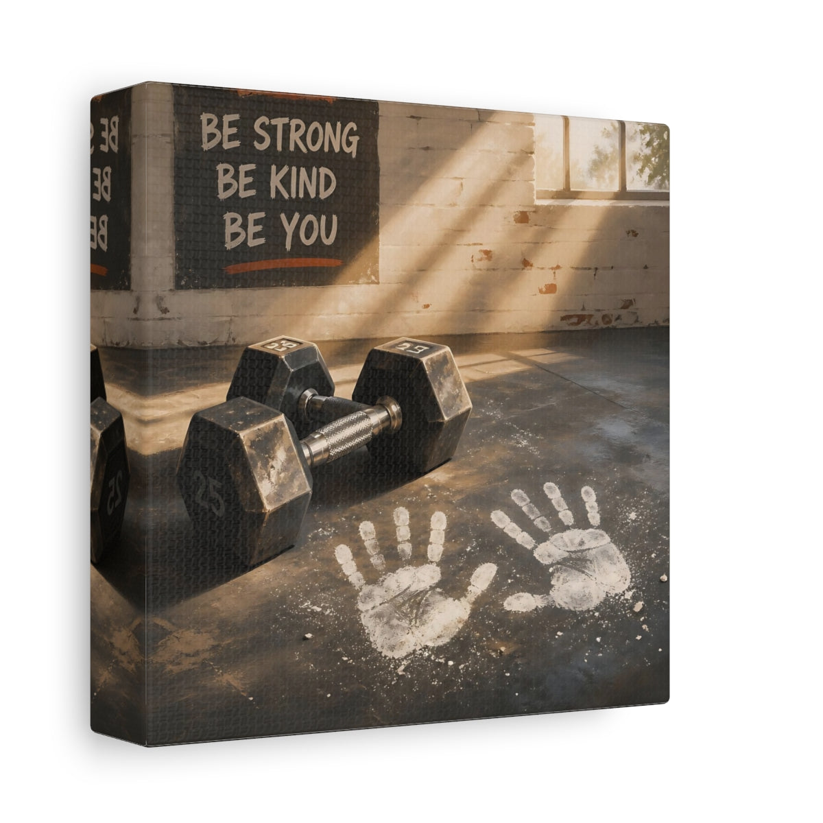 Side Mockup 2. Chalk Handprints & Dumbbells shown as canvas print