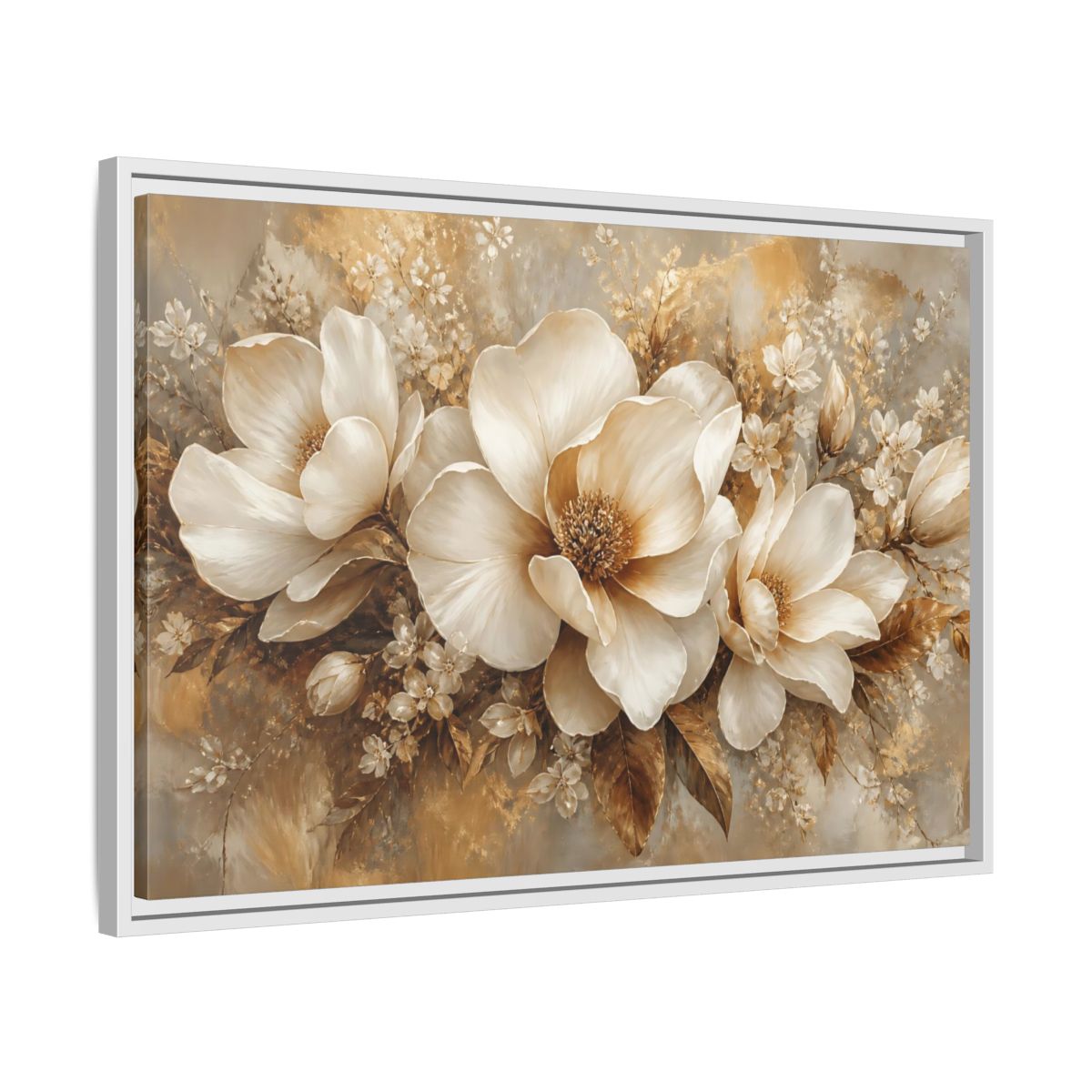 Side Mockup 10. Champagne Floral Elegance shown as framed canvas print