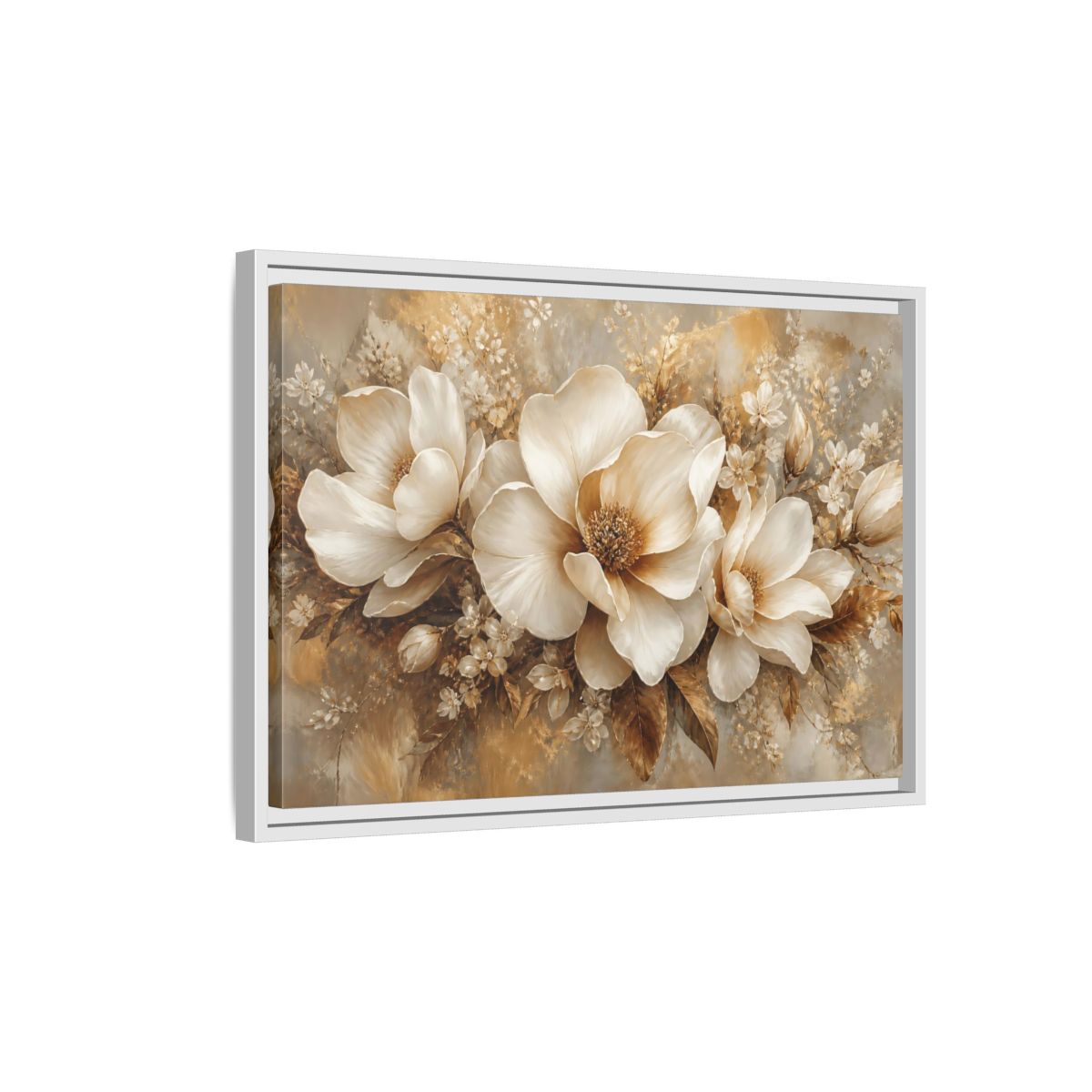 Side Mockup 1. Champagne Floral Elegance shown as framed canvas print